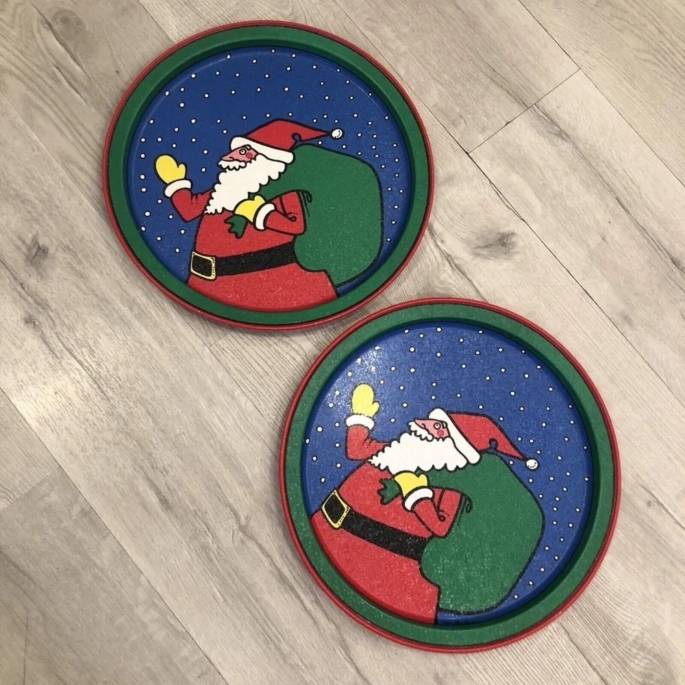 Vintage Ken Saunders Potpourri Press 1989 Retro Santa Tin Trays TWO Signed.